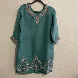 Powder blue Organza dress with multicolored zari work on neck & sleeves